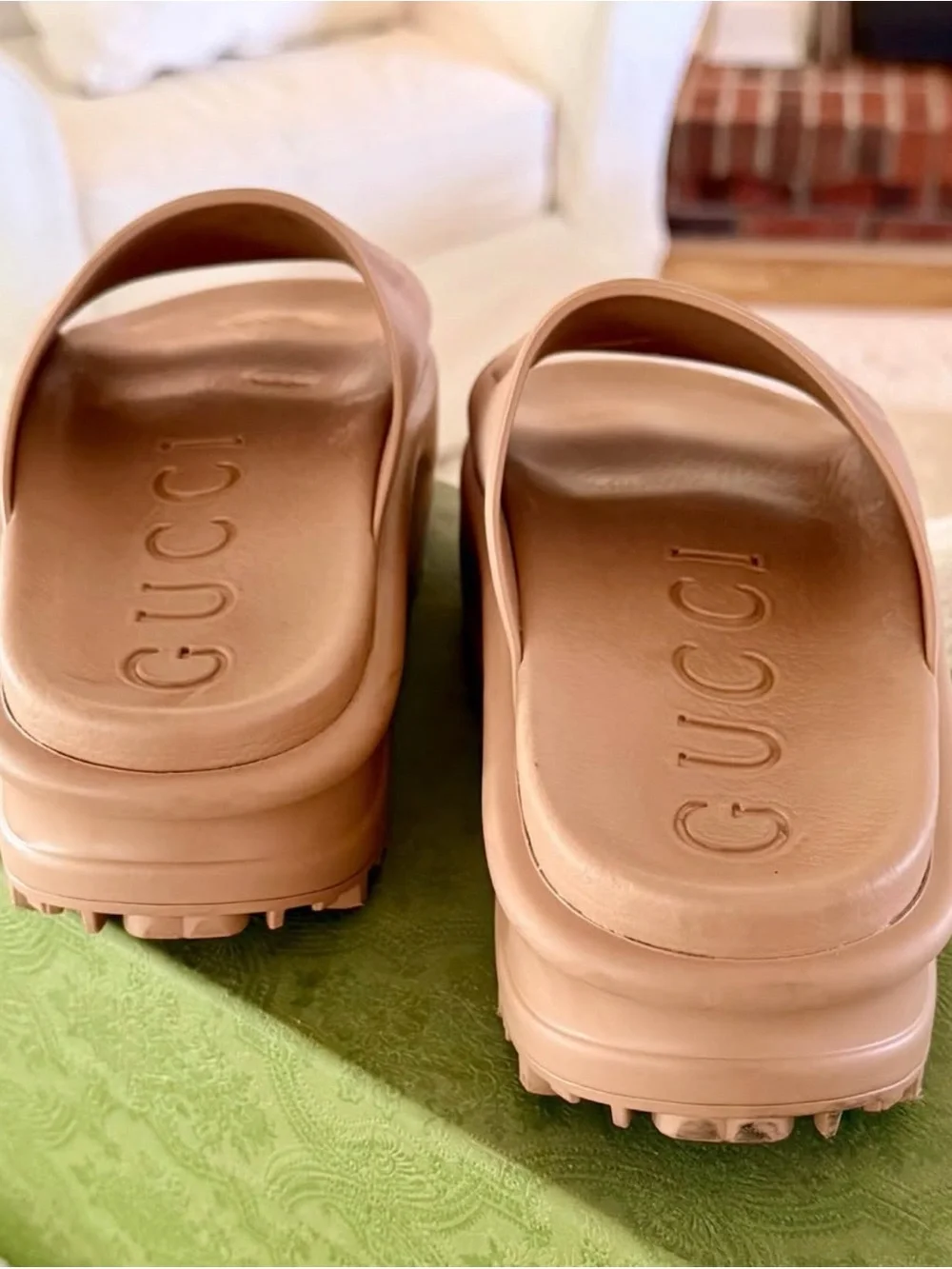 Gucci Blush Pink Rubber GG Logo Slide Mules